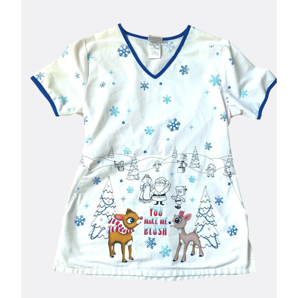 Rudolph Red-Nosed Reindeer Snowflake & Character Print Scrub Top
